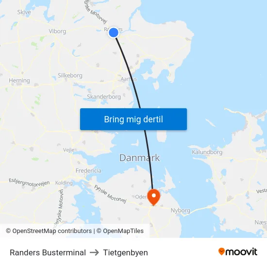 Randers Busterminal to Tietgenbyen map