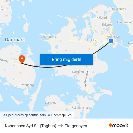 København Syd St. (Togbus) to Tietgenbyen map