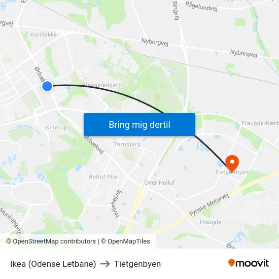 Ikea (Odense Letbane) to Tietgenbyen map