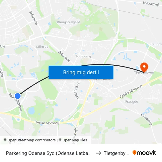 Parkering Odense Syd (Odense Letbane) to Tietgenbyen map