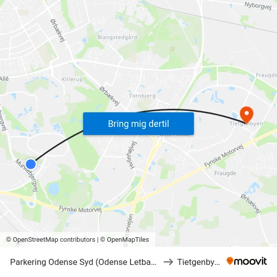 Parkering Odense Syd (Odense Letbane) to Tietgenbyen map