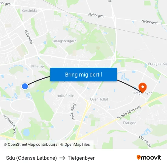 Sdu (Odense Letbane) to Tietgenbyen map