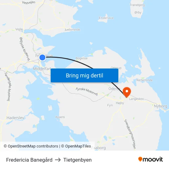 Fredericia Banegård to Tietgenbyen map