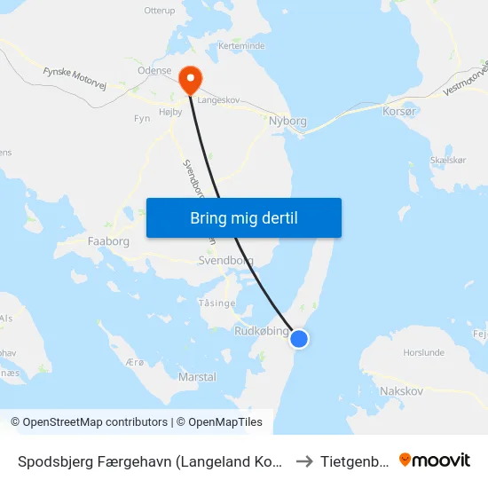 Spodsbjerg Færgehavn (Langeland Kommune) to Tietgenbyen map
