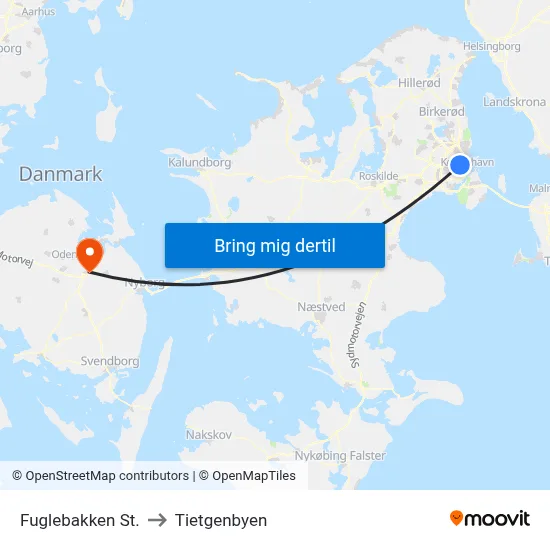 Fuglebakken St. to Tietgenbyen map