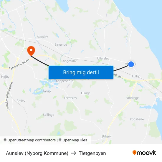 Aunslev (Nyborg Kommune) to Tietgenbyen map