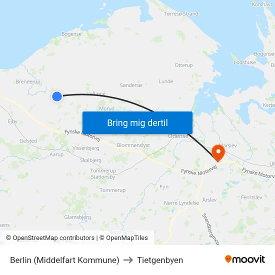 Berlin (Middelfart Kommune) to Tietgenbyen map