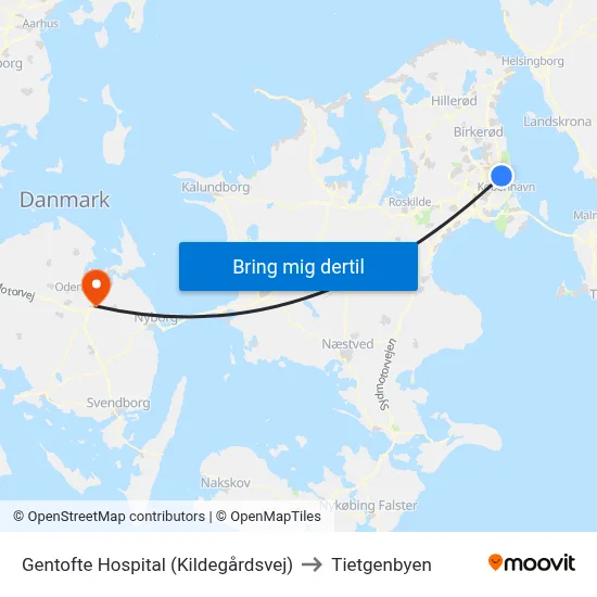 Gentofte Hospital (Kildegårdsvej) to Tietgenbyen map