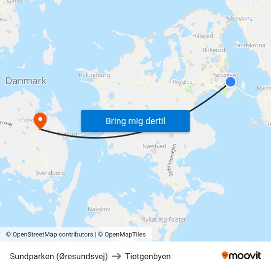 Sundparken (Øresundsvej) to Tietgenbyen map