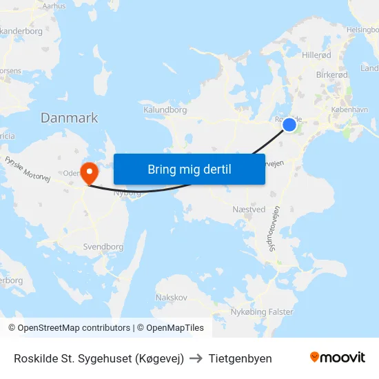 Roskilde St. Sygehuset (Køgevej) to Tietgenbyen map