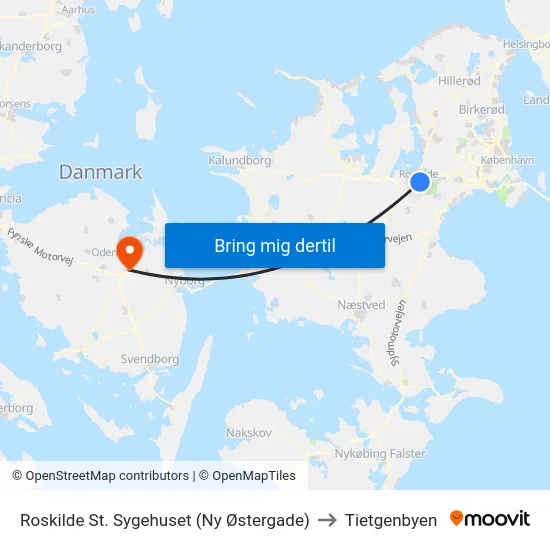 Roskilde St. Sygehuset (Ny Østergade) to Tietgenbyen map