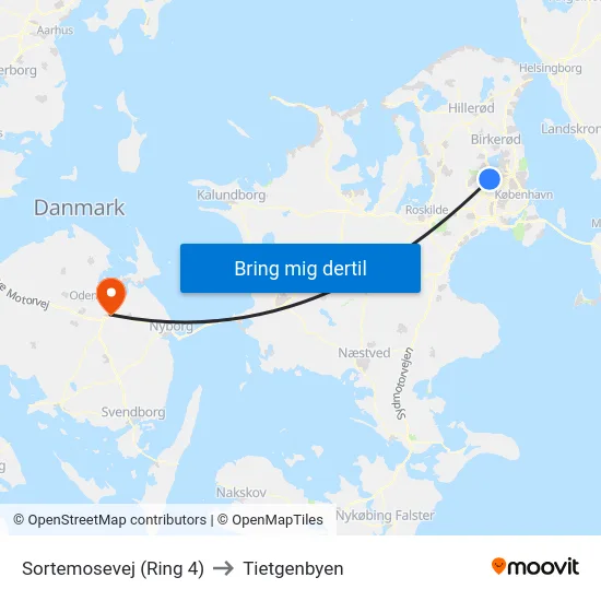 Sortemosevej (Ring 4) to Tietgenbyen map