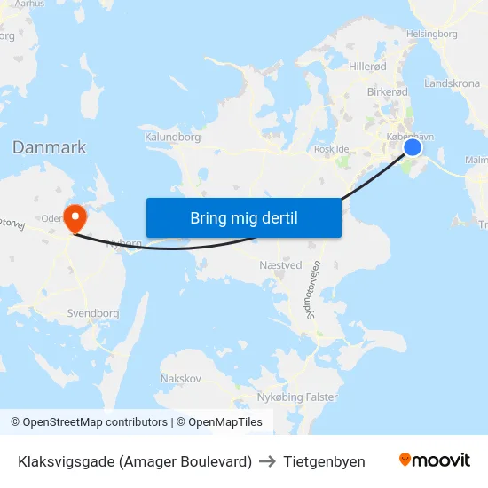 Klaksvigsgade (Amager Boulevard) to Tietgenbyen map