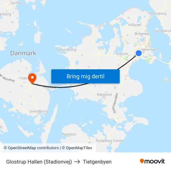 Glostrup Hallen (Stadionvej) to Tietgenbyen map