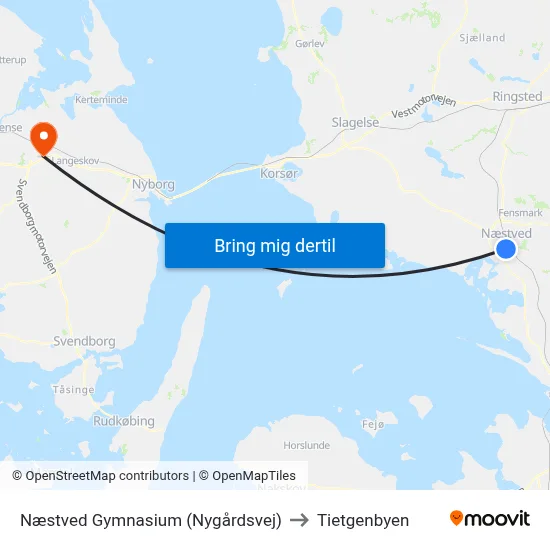 Næstved Gymnasium (Nygårdsvej) to Tietgenbyen map