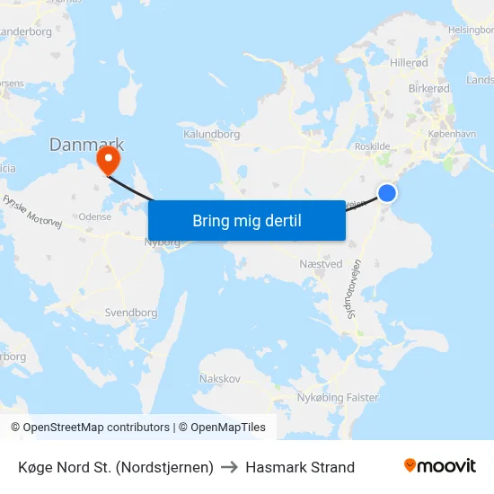 Køge Nord St. (Nordstjernen) to Hasmark Strand map