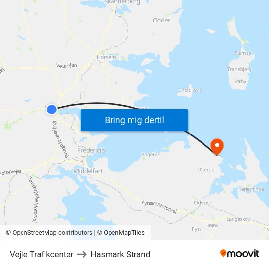 Vejle Trafikcenter to Hasmark Strand map
