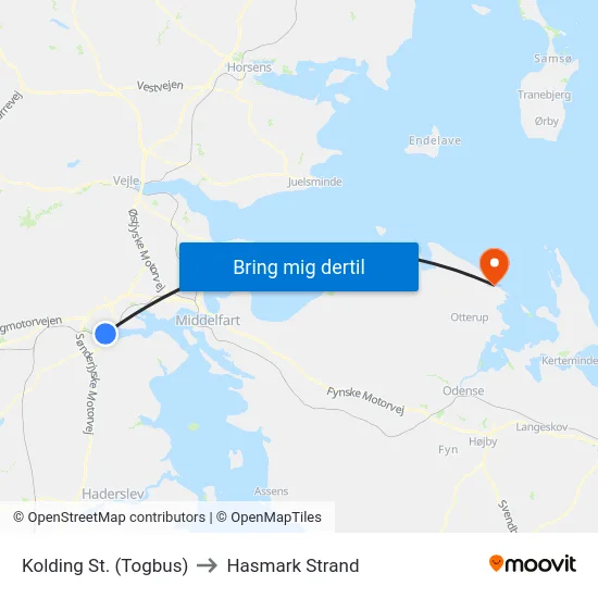 Kolding St. (Togbus) to Hasmark Strand map