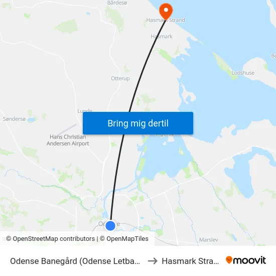 Odense Banegård (Odense Letbane) to Hasmark Strand map