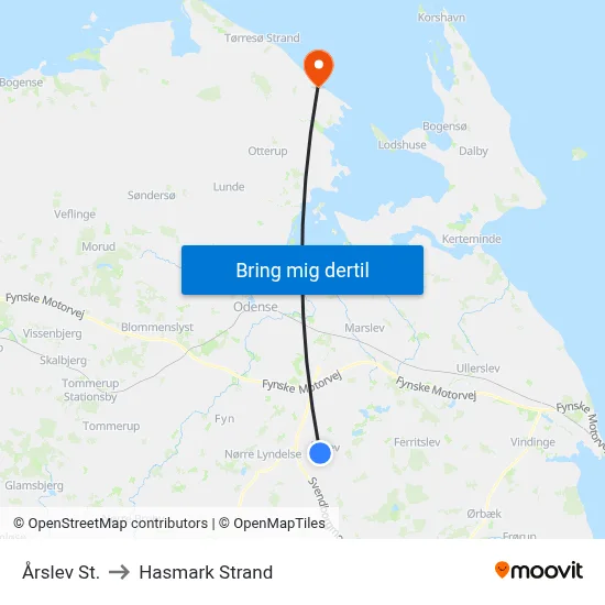 Årslev St. to Hasmark Strand map