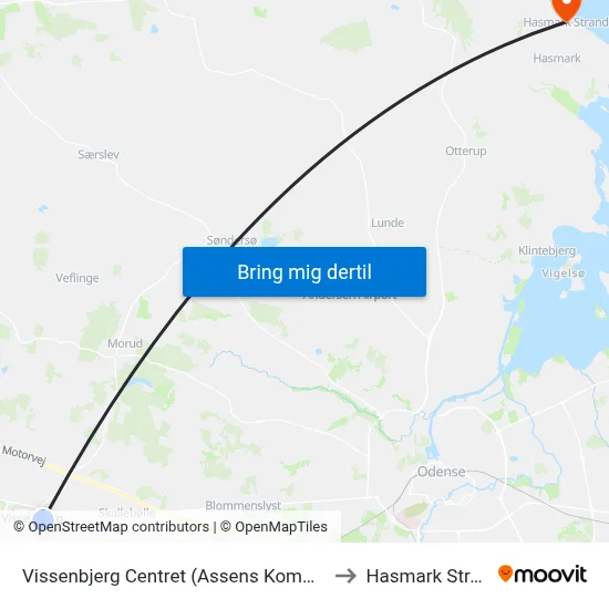 Vissenbjerg Centret (Assens Kommune) to Hasmark Strand map