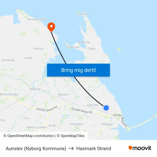 Aunslev (Nyborg Kommune) to Hasmark Strand map