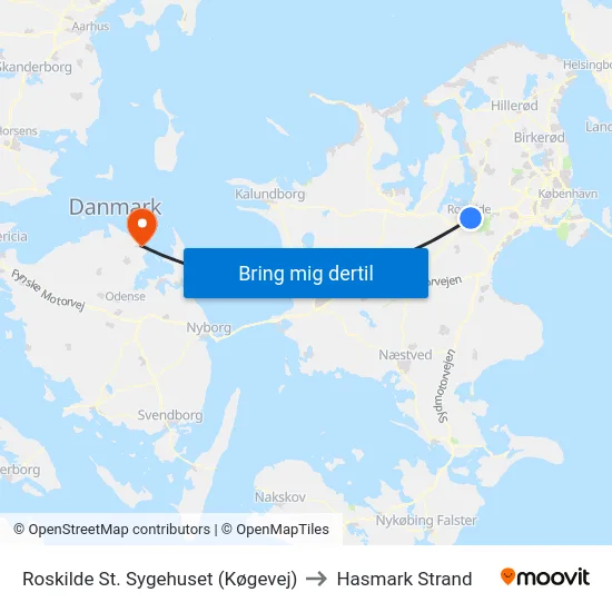 Roskilde St. Sygehuset (Køgevej) to Hasmark Strand map