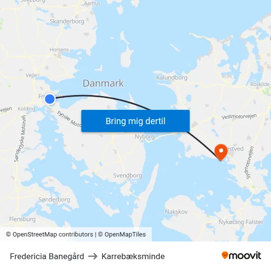 Fredericia Banegård to Karrebæksminde map