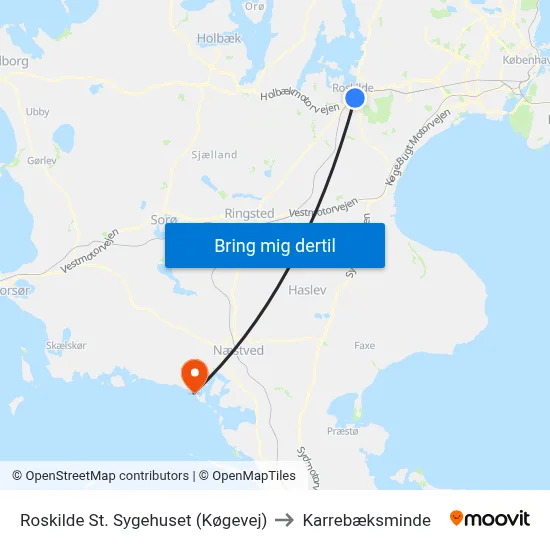Roskilde St. Sygehuset (Køgevej) to Karrebæksminde map