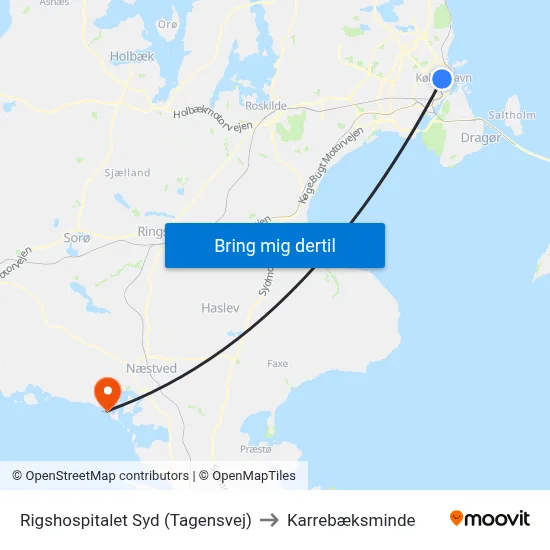 Rigshospitalet Syd (Tagensvej) to Karrebæksminde map