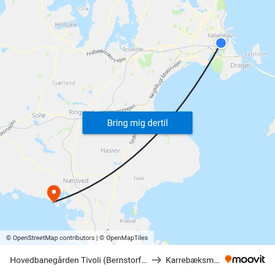 Hovedbanegården Tivoli (Bernstorffsgade) to Karrebæksminde map