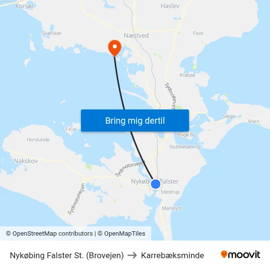 Nykøbing Falster St. (Brovejen) to Karrebæksminde map