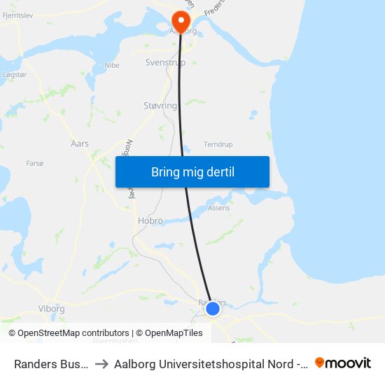 Randers Busterminal to Aalborg Universitetshospital Nord - Børnemodtagelse map