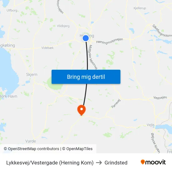 Lykkesvej/Vestergade (Herning Kom) to Grindsted map