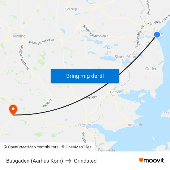Busgaden (Aarhus Kom) to Grindsted map