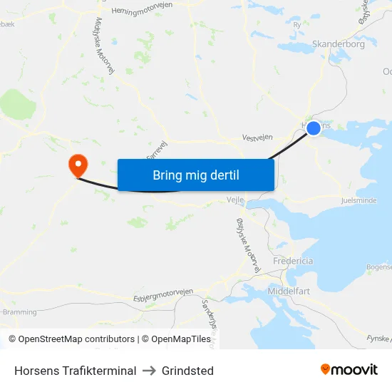 Horsens Trafikterminal to Grindsted map