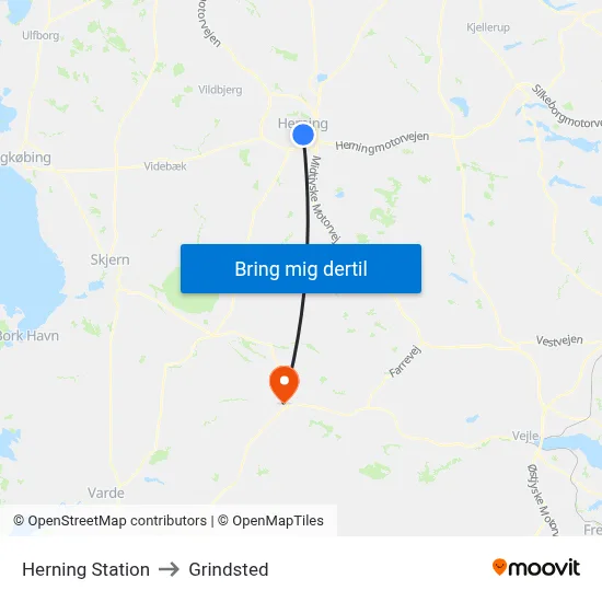 Herning Station to Grindsted map