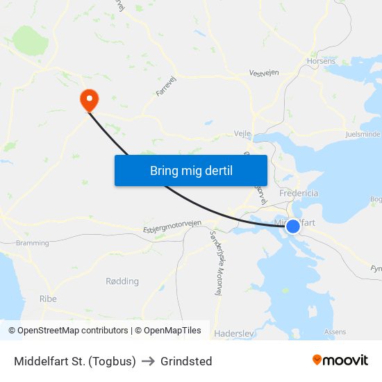 Middelfart St. (Togbus) to Grindsted map