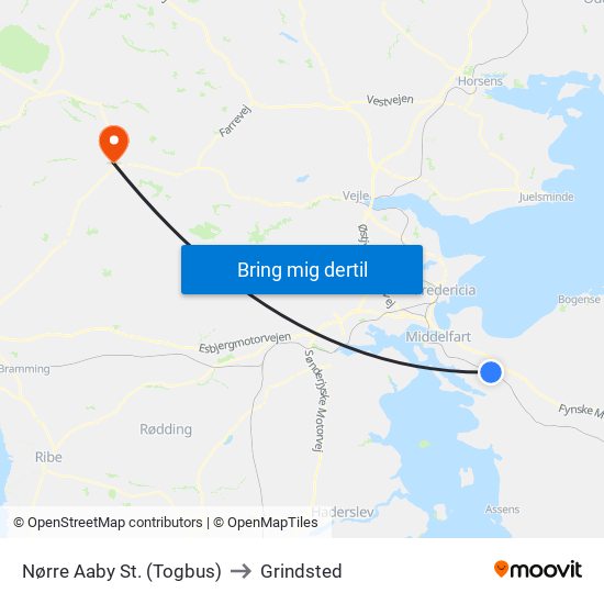 Nørre Aaby St. (Togbus) to Grindsted map