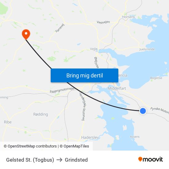 Gelsted St. (Togbus) to Grindsted map