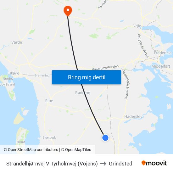 Strandelhjørnvej V Tyrholmvej (Vojens) to Grindsted map