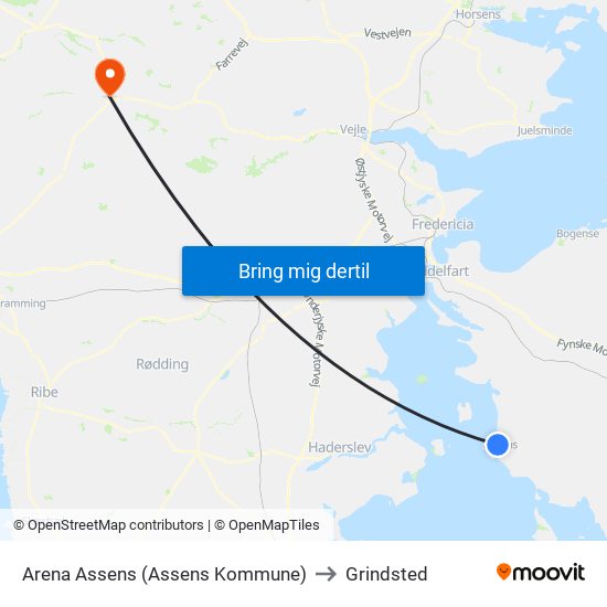 Arena Assens (Assens Kommune) to Grindsted map
