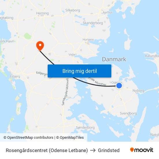 Rosengårdscentret (Odense Letbane) to Grindsted map