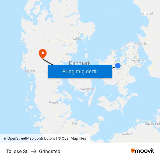 Tølløse St. to Grindsted map