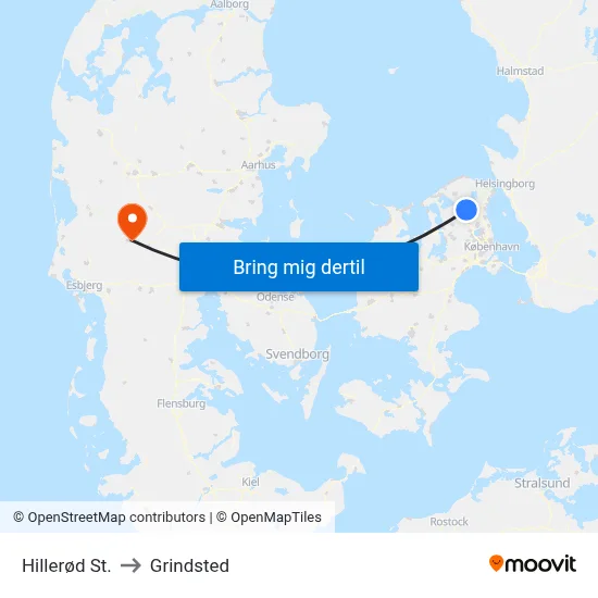 Hillerød St. to Grindsted map