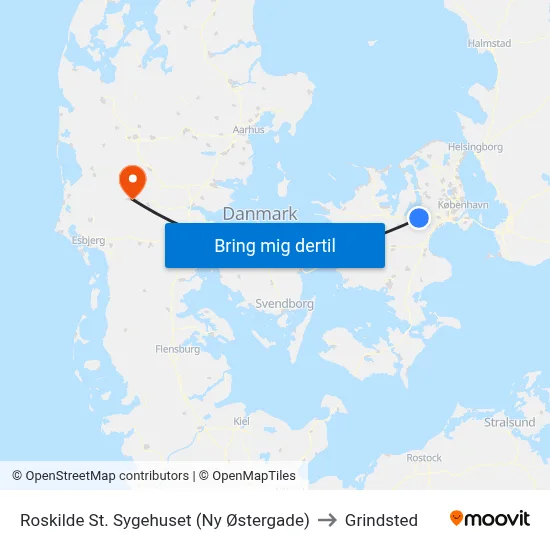 Roskilde St. Sygehuset (Ny Østergade) to Grindsted map