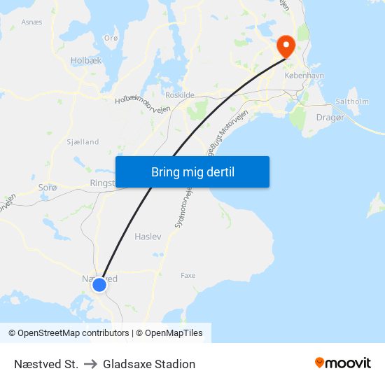 Næstved St. to Gladsaxe Stadion map