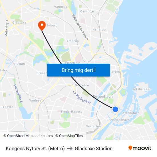Kongens Nytorv St. (Metro) to Gladsaxe Stadion map