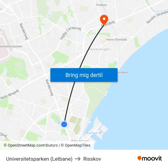 Universitetsparken (Letbane) to Risskov map