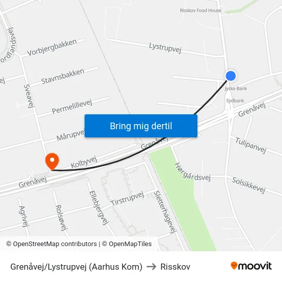 Grenåvej/Lystrupvej (Aarhus Kom) to Risskov map